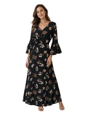 Anama Maxi dress front slit, Boho, Green floral print,  buttons,  Sz S